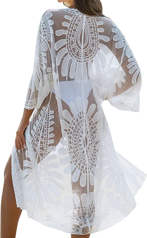 Sexy Bikini Bathing Suit Coverups Swimsuit Coverup Long Lace Summer Kimonos Long Kimono Cardigan, Mesh Swimsuit, Moda Kimono, Coverup Swimsuit, Crochet Cover, Suit Covers, Summer Kimono, Bathing Suit Cover, Swim Coverup