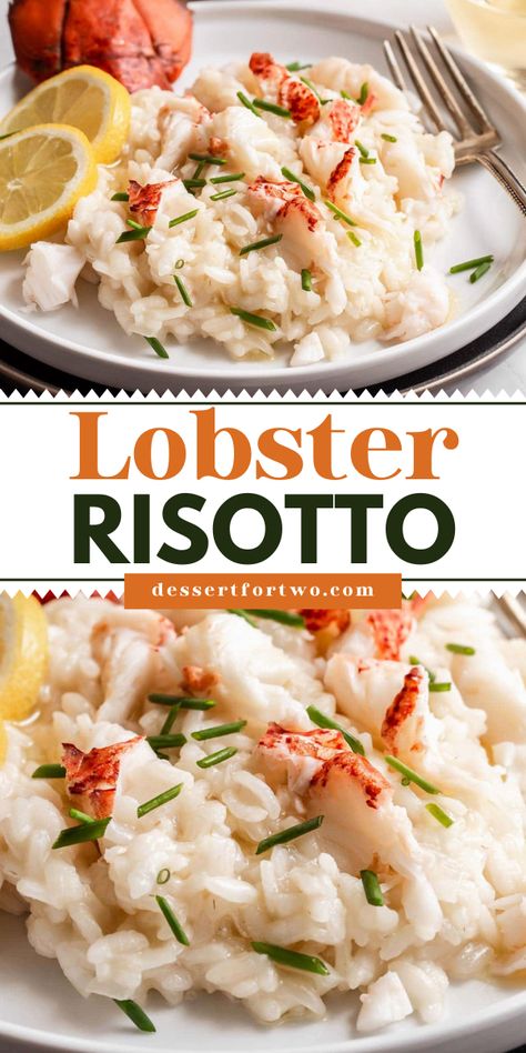 Lobster risotto for two--creamy brown butter risotto with buttery chunks of lobster tail on top. Such a romantic dinner for two idea! All you need is onions, short grain rice, butter, white wine and chicken broth to make this lobster risotto recipe. To make it special for date night, snip chives on top and serve the rest of the bottle of white wine with dinner. Lobster Risotto Recipe, Short Grain Rice, Risotto Recipes Easy, Lobster Risotto, Recipe For Two, Seafood Risotto, Date Night Dinner, Lobster Tail, Risotto Recipe