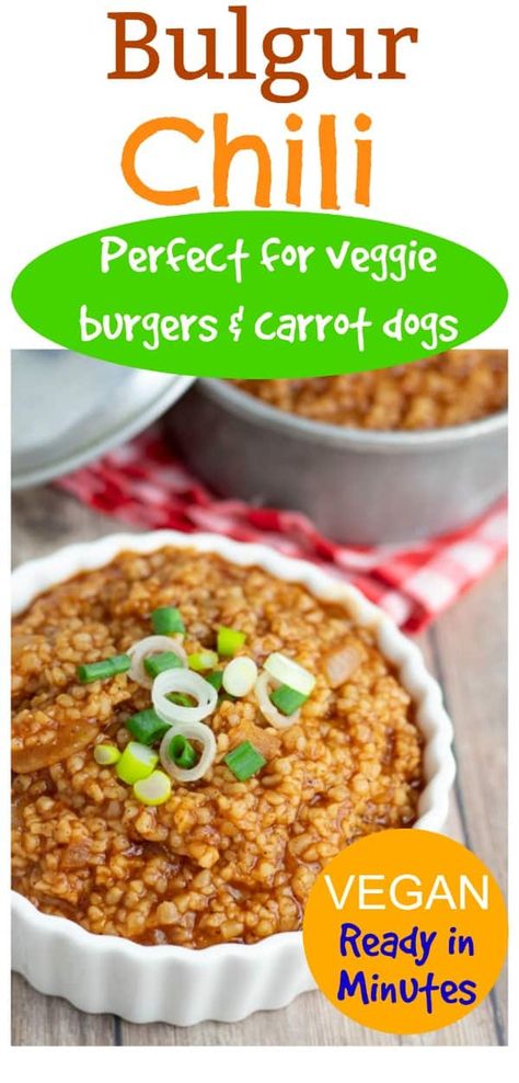 If you love carrot/veggie dogs and black bean burgers but miss topping them with chili, I think you're about to do a happy-dance! This quick vegan chili recipe is simmered with spices and onions and can be made in minutes. #veganchili #healthychili #meatlesschili #plantbasedchili Wfpb Chili, Meal Alternatives, Wfpb Sauces, Wfpb Soup, Chili Cheese Fries Recipe, Bulgur Wheat Recipes, Vegan Beverages, Best Vegan Chili, Meatless Chili