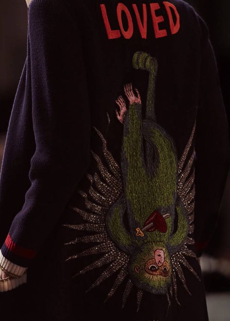 Talking with Jayde Fish - Gucci Stories Gucci Runway, Embroidery Clothes, Gucci Sweater, Trendy Embroidery, Gucci Spring, Clubbing Outfits, Navy Cardigan, Couture Embroidery, Gucci Fashion