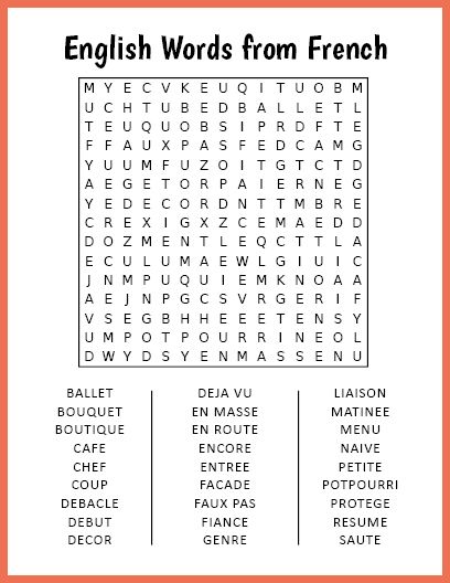 Free Printable English Words from French Word Search Word Search Printables For Adults, Easy Word Search Free Printable, Wordsearches For Adults Free Printable, Large Print Word Searches For Seniors Free Printable, Free Printable Word Searches For Adults, Word Search Free Printable, Large Print Word Search, Puzzle Worksheet, Free Printable Word Searches