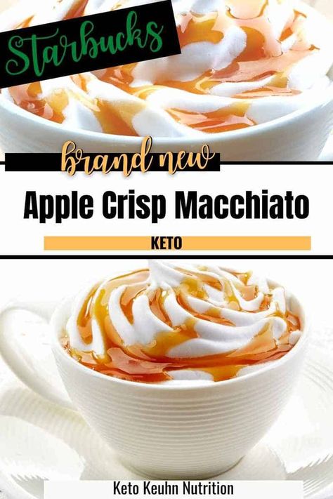 This copycat Starbucks drink is like having apple pie with a touch of caramel in a cup! Enjoy this low-carb recipe with 0 carbs of sugar. Vegan option available. Fall Starbucks Drinks Recipe, Keto Apple Crisp, Apple Crisp Macchiato, Starbucks Fall Drinks, Healthy Apple Crisp, Apple Drinks, Sugar Free Drinks, Keto Cocktails, Copycat Starbucks