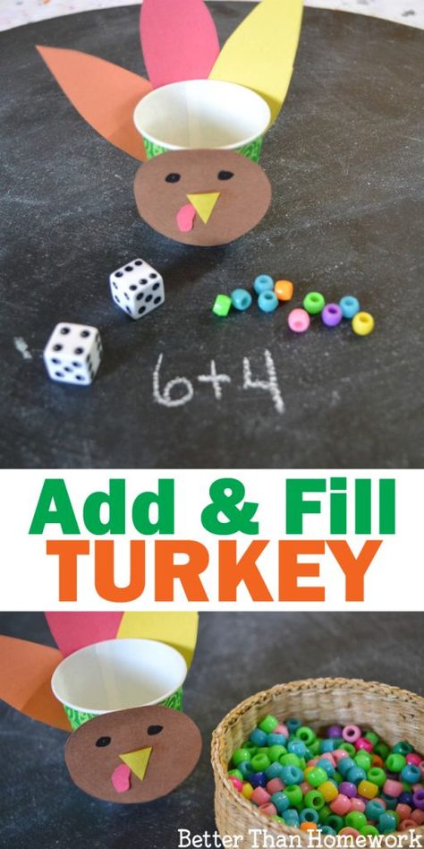 Use addition to fill the turkey with this fun Thanksgiving Addition Game for kids. Roll the dice, add the numbers, and fill the turkey. #Thanksgiving #math #addition #BetterThanHomework Thanksgiving Addition, Turkey Math, Thanksgiving Activities For Kindergarten, Thanksgiving Activities Preschool, Thanksgiving Lessons, Thanksgiving Games For Kids, Thanksgiving Kindergarten, Thanksgiving School, Thanksgiving Classroom