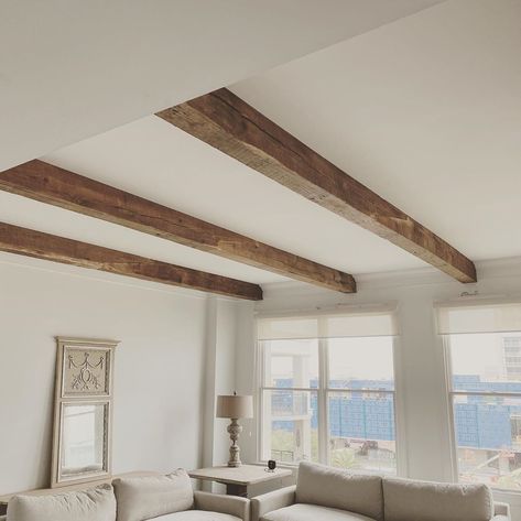 Wooden Bean Ceiling, English Cottage Ceiling Beams, Rough Sawn Beams, Timber Ceiling Design, Timber Beams Ceiling, Beams Living Room, Oak Beams, Beam Ceiling, Vaulted Ceiling Living Room