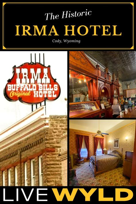 Visit the historic Irma Hotel in Cody, Wyoming, just east of Yellowstone National Park. Built by Buffalo Bill Cody, founder of Cody, Wyoming. Eat, stay and drink at the historic Irma Hotel Irma Hotel Cody Wyoming, Wyoming Travel Road Trips, Cody Wyoming, Yellowstone Trip, Wyoming Travel, Buffalo Bill, National Park Road Trip, Good Dates, Ghost Hunting