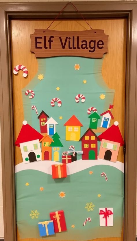 Elf On A Shelf Door Decorating Ideas, Library Christmas Door Decorations, Christmas Office Door Decorating Contest, Office Door Decorating Contest, Door Decorating Contest Ideas, Christmas Office Door, Elf Village, Library Christmas, Cool Advent Calendars