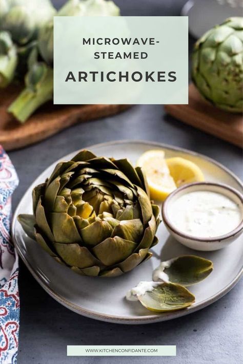 Artichokes in a bowl. Microwave Artichoke, How To Make Artichokes, How To Cook Artichokes, How To Cook Artichoke, Vegetable Platter, Artichoke Recipes, Yummy Salad Recipes, Microwave Recipes, Vegetable Side Dishes