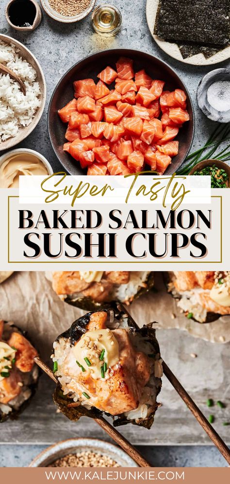 These Super Tasty Baked Salmon Sushi Cups are the perfect easy way to enjoy sushi! Traditional sushi can be a little complicated to prepare, but this recipe brings so much simplicity and flavor. Everything is simply baked in muffin tins for individual sized bites that the whole family can enjoy! Sushi In Muffin Tin, Baked Salmon Sushi Cups, Baked Sushi Cups, Sushi Cups Recipe, Salmon Cups, Asian Banquet, Salmon Sushi Cups, Baked Salmon Sushi, Sushi Cups