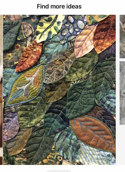 Textiles Inspired By Nature, Slow Stitching Textile Art, Textile Leaves, Cool Quilts, Quilted Leaves, Nature Textiles, Quilted Landscapes, Applique Leaves, Fiber Art Collage