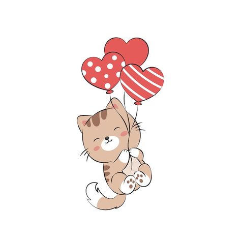 Cat Illustration Cute, Valentines Cat, Woodland Mural, Balloon Vector, Valentine's Day Illustration, Background Orange, Balloon Cartoon, Cat Cartoon, Cat Vector