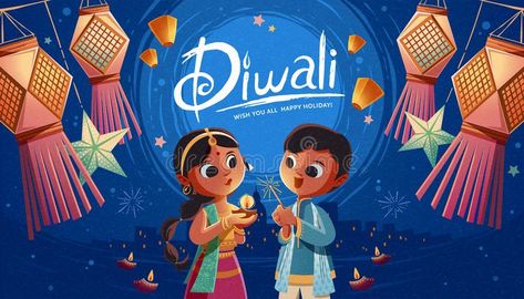 Diwali illustration with kids stock illustration Indian Lanterns, Diwali Illustration, Diwali Vector, Diwali Poster, Sky Lanterns, Diwali Greetings, Diwali Images, Festival Background, Diwali Wishes