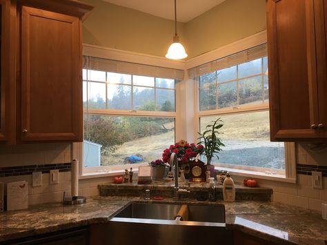 Corner Kitchen Windows, Kitchen Sink Bay Window, Kitchen Sink With Window, Kitchen Windows Above Sink, Window Above Sink, Corner Kitchen Sink, Corner Windows, House Upgrades, Above Sink