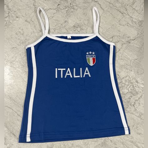 Italia Euros Blue And White Embroidered Italy Crop Top Embroidered Football Tank Tops #Italia #Tank #Babytee #Croptops Italia Tank Top, Brasil Tank Top, Italian Vintage Tops, Brazil Tank Top, Football Crop Top, Euros Football, Italy Tank Top, Italia Shirt, Italia Top