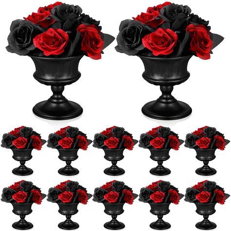 Goth Centerpiece Ideas, Romantic Goth Party Decor, Red And Black Wedding Ceremony, Halloween Wedding Red And Black, Red Black And Silver Wedding Centerpieces Table Decorations, Red And Black Wedding Ideas On A Budget, Black And Red Table Decorations, Red And Black Table Setting, Black And Red Centerpieces