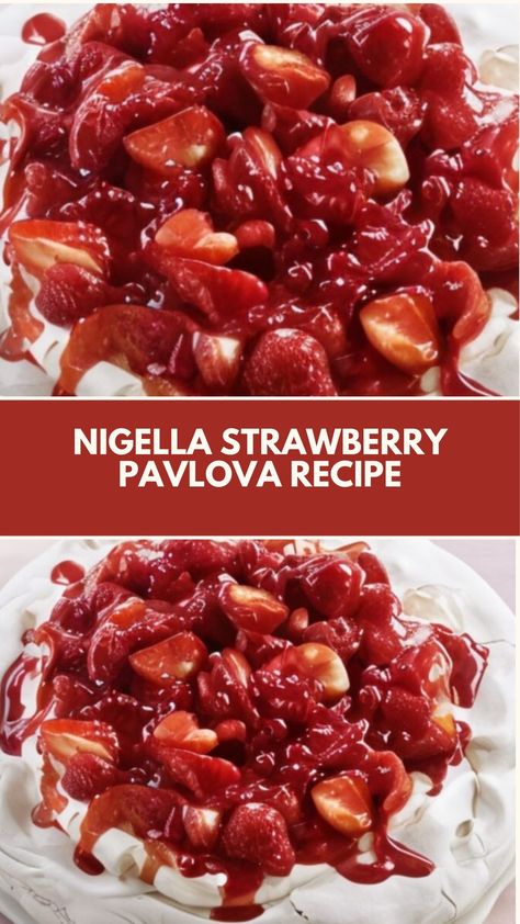 This delicious Strawberry Pavlova is a simple yet elegant dessert inspired by Nigella Lawson. With a crisp, airy meringue base topped with creamy whipped cream and fresh berries, it’s perfect for any occasion. You can easily adapt the fruit topping to what’s in season, making this treat both flexible and irresistible! Pavlova Nigella Lawson, Nigella Lawson Desserts, Nigella Recipes, Pavlova Toppings, English Dinner, Old Sweets, Strawberry Pavlova, Fruit Topping, Celebrity Food