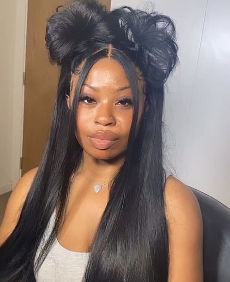 Straighten Hairstyles For Black Hair, Two Buns Hairstyle, Sleek Braided Ponytail, Two Buns, Weave Ponytail Hairstyles, Frontal Wig Hairstyles, Bubble Ponytail, Hair Braid Videos, Hair Ponytail