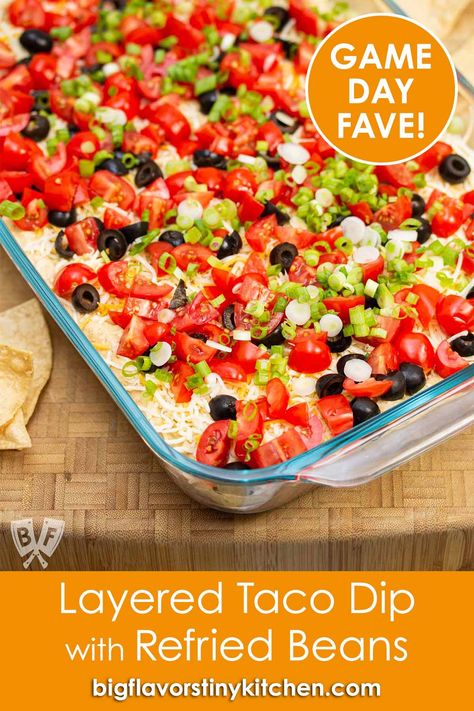 Taco Tray Dip, Taco Dip Easy Cold, Taco Dip With Beans, Taco Dip Recipe With Refried Beans, Layered Taco Dip With Refried Beans, Cold Taco Dip With Refried Beans, Layers Taco Dip, Bean Dip Recipes Layered, Seven Layer Taco Dip Refried Beans