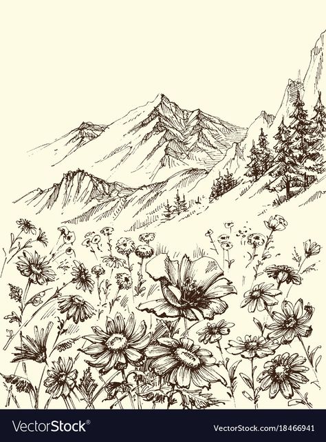 Border Sketch, Scenery Sketch, Mountain Landscape Drawing, Fantasy Underwater, Pyrography Ideas, Mountain Sketch, Flowers Border, Landscape Pencil Drawings, Landscape Flowers