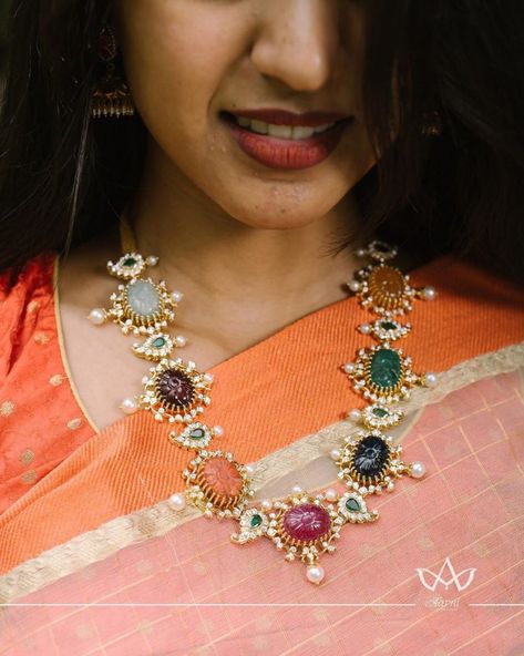 Stunning Diamond Navratna Necklace From Aarni By Shravani ~ South India Jewels Nava Ratna Necklace, Aarni By Shravani, Navrathan Necklace Gold, Navaratna Necklace Gold, Navaratnalu Necklace, Navaratan Necklace, Navratna Necklace, Diamond Jewelry Necklace, Semi Precious Gems