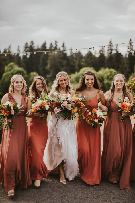 Rust And Blush Wedding Bridesmaid Dress, Blush Wedding Dress With Bridesmaids, Wedding Decorations Orange, Rust And Blush Wedding, Orange Theme Wedding, September Wedding Ideas, Orange Themed Wedding, Burnt Orange Bridesmaid Dress, Burnt Orange Wedding Theme