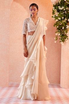 Ridhi Mehra, Net Blouses, Ruffle Saree, White Saree, Drape Saree, Net Saree, Organza Saree, Embroidered Neckline, Designer Saree