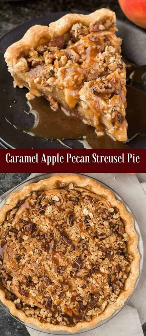 Streusel Pie, Caramel Apple Pie Recipes, Apple Pecan Pie, Thanksgiving Desserts Kids, Thanksgiving Desserts Easy, Apple Pie Recipe, Caramel Apple Pie, Apple Pie Recipes, Homemade Caramel