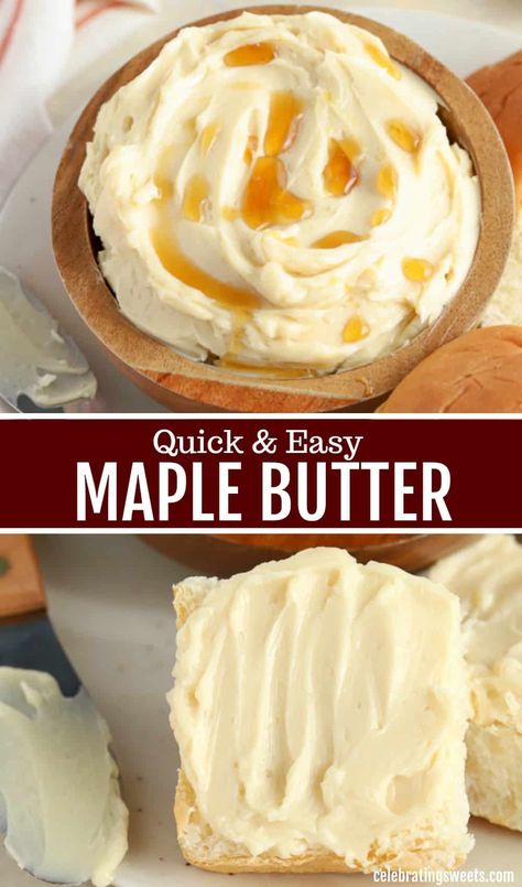 This sweet and creamy MAPLE BUTTER comes together in minutes! It's delicious on rolls, pancakes, biscuits, waffles, sweet potatoes, muffins and more. #maplesyrup #butter #maplebutter Cornbread Homemade, Maple Butter Recipe, Bread Pancakes, Celebrating Sweets, Maple Syrup Recipes, Potato Muffins, Maple Butter, Butter Crock, Roasted Butternut