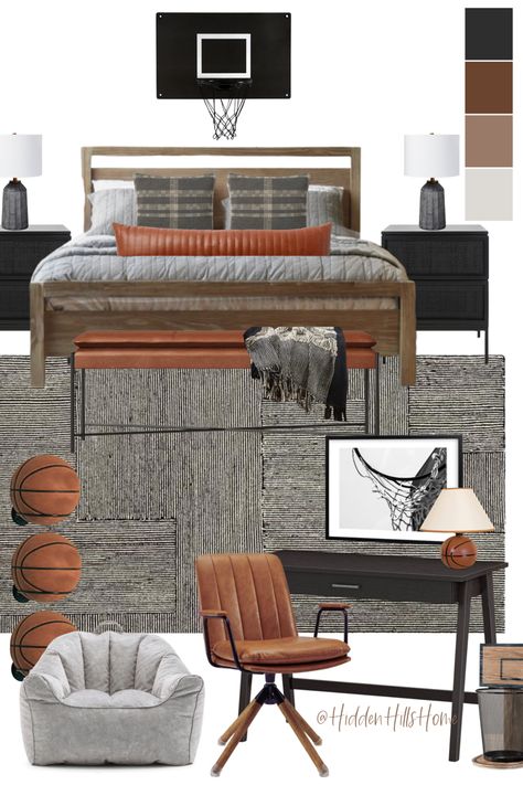 Teen boys basketball bedroom decor mood board! Masculine sports themed bedroom decor ideas Boys Basketball Room, Basketball Bedroom Decor, Boys Basketball Bedroom, Tilly Upholstered Bed, Sports Themed Bedroom, Basketball Bedroom, Basketball Room, Boys Bedroom Makeover