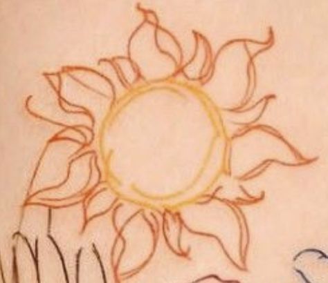 Yellow and orange sun tattoo that looks like a flower, yellow and orange sun tattoo Orange Sun Tattoo, Yellow Sun Tattoo, Flower Yellow, Sun Tattoo, Yellow Sun, Simplistic Tattoos, A Flower, Tattoo Ideas, Sun