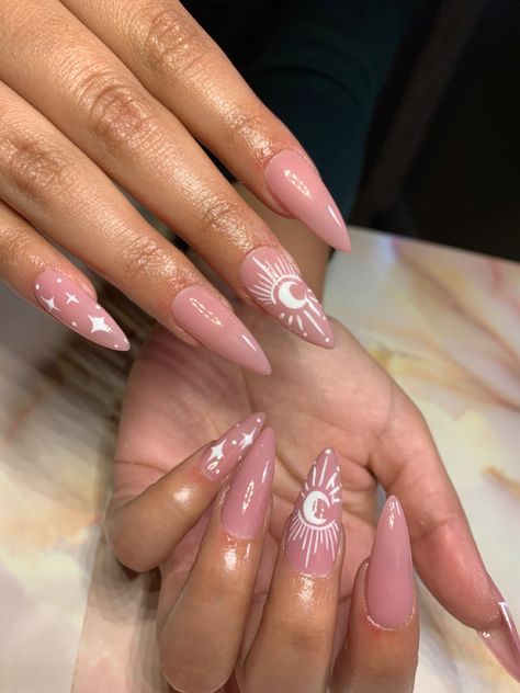 Almond Nails Space Theme, Nail Ideas Sun And Moon, Metaphysical Nail Designs, Lunar Nails Design, Chrome Celestial Nails, Star And Moon Nails Acrylic, Celestial Nails Square, Astrology Nails Acrylic, Celestial Acrylic Nails