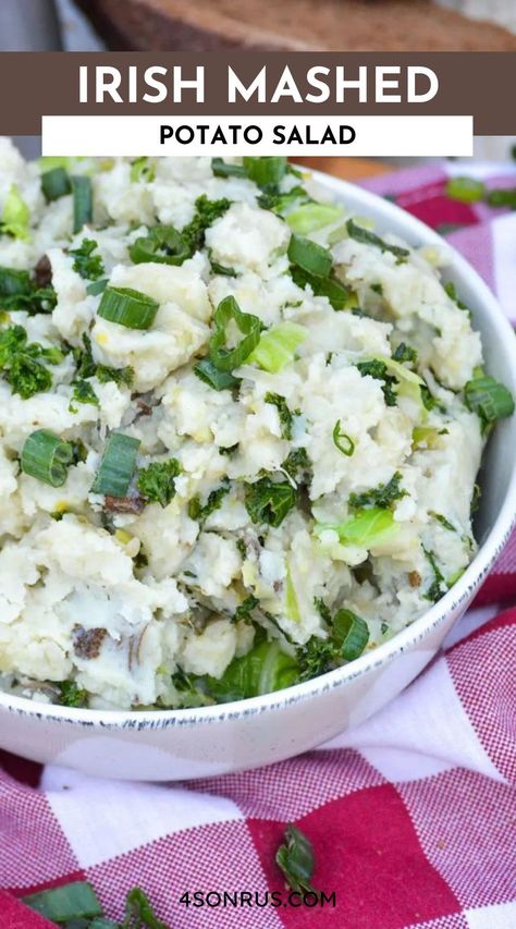 Colcannon is an Irish mashed potato salad. This dish is lighter than American versions and features fresh greens like kale, leeks, and cabbage. Perfect for St. Patrick’s Day or any time! #recipe Irish Potato Salad Recipe, Irish Potato Salad, Irish Salad, Mashed Potato Salad, Irish Meals, Irish Mashed Potatoes, Potato Side Dish, Irish Potato, Potato Salads