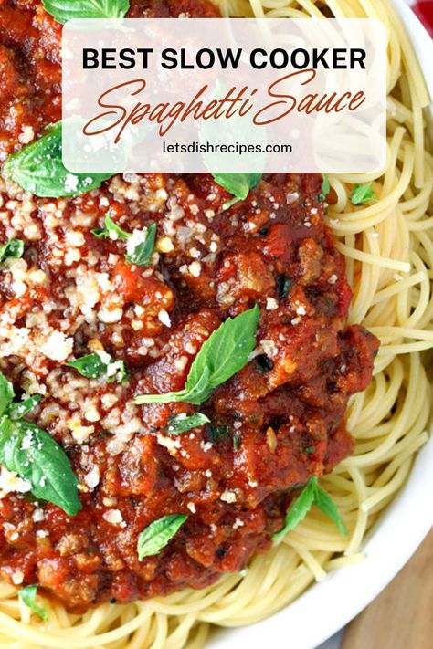 Ground beef and tomato sauce, simmered in the slow cooker with garlic and plenty of seasonings makes this the tastiest spaghetti sauce you’ll every try! Best Crockpot Spaghetti, Best Pasta Sauce Recipe, Ground Beef Spaghetti Sauce, Crockpot Spaghetti Sauce, Slow Cooker Spaghetti Sauce, Easy Sunday Dinner, Best Spaghetti Sauce, Take A Meal, Crockpot Spaghetti