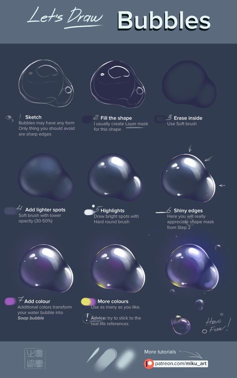 Water Shading Tutorial, Bubbles Tutorial, How To Shade Water, Drawing Tutorial Digital, Bubble Art Tutorial, How To Sketch Water, Photoshop Art Tutorial, Water Drawing Digital, Bubble Procreate