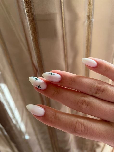 Gel X Nails White Design, Minimalist Nails Almond Green, Nails Inspiration Green And White, White French Tip With Star Design, White Stars On Nails, Minimalist Nails Stars, Yogi Nails, Nails With A Star Design, White Nails With Green Accent