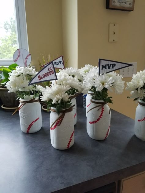 Baseball themed baby shower. Baseball Theme Party Centerpieces, Baseball Theme Table Decorations, Baby Boy Baseball Shower Ideas, Dodger Centerpieces Ideas, Baseball Baby Shower Games, Baseball Table Decor, Little Slugger Baby Shower Ideas, Baseball Themed Centerpieces, Sport Baby Shower Theme