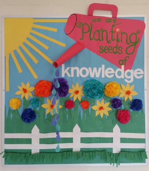 Flower Garden Bulletin Board, Planting Seeds Of Kindness Bulletin Board, Bulletin Board Garden Theme, Toddler Spring Bulletin Board Ideas, Bulletin Board Spring Ideas, Spring Has Sprung Bulletin Board, Springtime Bulletin Boards, Spring Prek Bulletin Board, Garden Bulletin Board Preschool