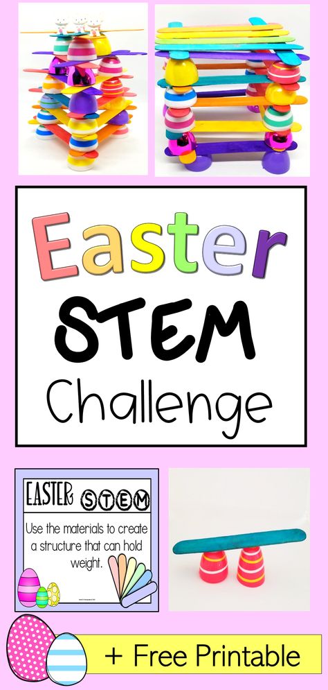 The pin says Easter STEM challenge and shows structures made out of popsicle sticks and plastic eggs. April Stem Activities, March Stem Activities, Classroom Stem Activities, Easter Stem Challenge, March Stem, Easter Stem Activities, Spring Stem Activities, Easter Stem, Easter Science