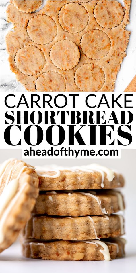 Carrot Cake Shortbread Cookies, Carrot Shortbread Cookies, Carrot Cookie Recipes, Carrot Cake Sugar Cookies, Cookie Flavor Combinations, Vegan Carrot Cake Cookies, Eggless Shortbread Cookies, Spring Shortbread Cookies, Things To Make With Carrots