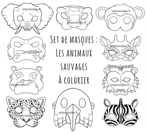 L'accessoire idéal à avoir lors d'une fête d'anniversaire : le masque. Des masques animaux sauvages à télécharger en couleurs ou à colorier. French Learning, Jungle Birthday, Camping Games, Animal Masks, Jungle Safari, Jungle Theme, St Valentin, Land Art, Happy Birthday To You