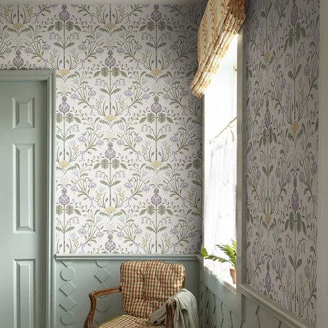 Bring a gentle Arts and Crafts style to your interior with this vibrant floral design reminiscent of a traditional damask pattern with a stylised twist. Seen here in the Lilac colourway. Lilac Bedroom, Lavender Bedroom, Cottage Nursery, Arts And Crafts Style, Home Decor Colors, Bold Wallpaper, Bleu Pastel, Girl’s Room, Condo Living