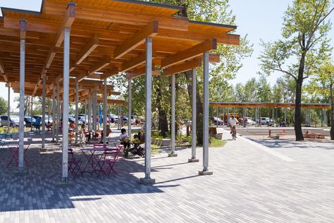 Island Urban Design, Pergola Public Space, Pavilion Architecture Public Spaces, Park Shade Structure, Public Garden Design, Forest Pavilion Architecture, Green Public Space Architecture, Urban Island, Urban Wall