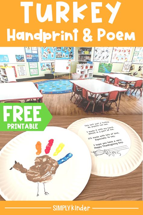 Grab this freebie for a great take home activity for your students for Thanksgiving! Turkey Handprint Art, Turkey Handprint Poem, Handprint Plate, Handprint Turkey, Turkey Handprint Craft, Thanksgiving Activities For Kindergarten, Handprint Poem, Turkey Theme, Free Poems