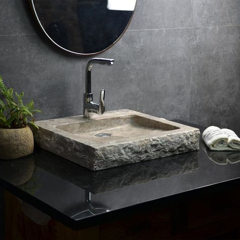 Natural Stone Vessel Sink, Natural Stone Sink Bathroom, Stone Bowl Sink, Unique Bathroom Sink Ideas, Unique Sinks Bathroom, Stone Basin Bathroom, Black Vessel Sink Bathroom, Rustic Half Bath, Stone Sink Bathroom