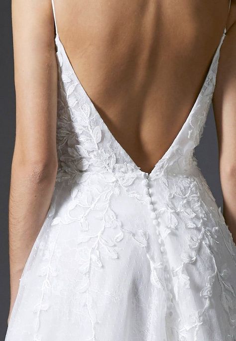 Strong Wedding Dress, Low Back Aline Wedding Dress, Subtle Floral Wedding Dress, Open Back A Line Wedding Dress, Wedding Dresses Back Detail, Vintage Modern Wedding Dress, A Line Wedding Dress With Straps, Outdoor Summer Wedding Dress, Wedding Dress Cuts