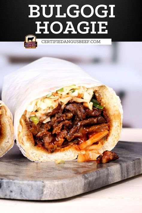 Bulgogi Sandwich Recipe, Hoagie Sandwich, Creamy Slaw, Chicken Bulgogi, Hoagie Sandwiches, Korean Beef Bulgogi, Spicy Kimchi, Steak Chili, Bbq Desserts