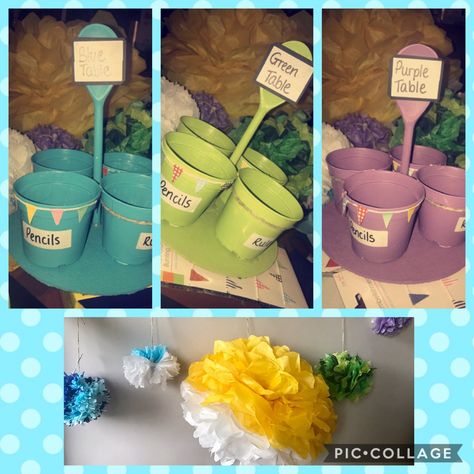 Busy Day 🌻🍎  Handmade pencil pots for Primary classroom and handmade tissue paper flowers 🌼  Classroom caddy, KS1 Teacher Pencil Caddy Classroom, Classroom Caddy, Year 2 Classroom, Pencil Caddy, Purple Table, Classroom Layout, Desk Tidy, Tissue Paper Flowers, Primary Classroom