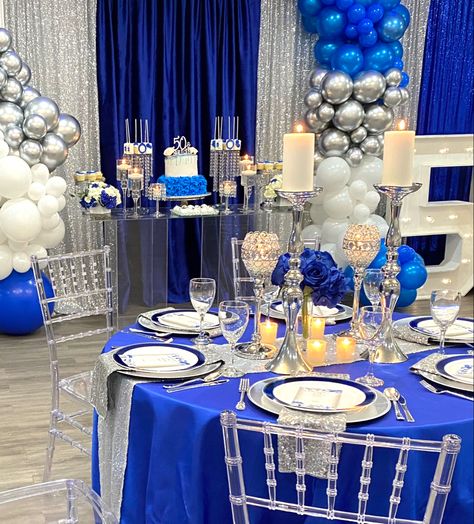 Royal Blue Centerpieces Party, Blue And Silver Quince Decorations, Banquet Color Schemes, Royal Blue Gold And Silver Party Decor, Royal Blue And Silver Quinceanera Theme, Royal Blue And Silver Quinceanera Decorations, Royal Blue Sweet 16 Party Ideas, Quince Decorations Royal Blue And Silver, Sweet 16 Party Ideas Royal Blue And Silver