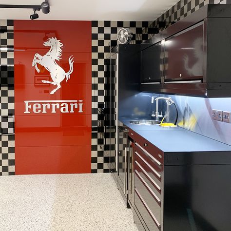 How would you personalise your Dura home garage?   We love the finishing touches this Ferrari enthusiast added to his new home garage we recently created him….. House Garage Design, Vehicle Detailing, Toolbox Ideas, Ferrari Garage, Red Garage, Red Fridge, Garage Inspiration, Mud Room Entry, New Garage