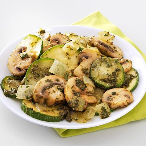 Mushroom & Zucchini Pesto Saute Mushroom Zucchini Recipe, Mushroom Zucchini, Mushroom Bake, Mushroom Casserole, How To Cook Zucchini, Homemade Pesto, Food Shows, Zucchini Recipes, Salsa Verde