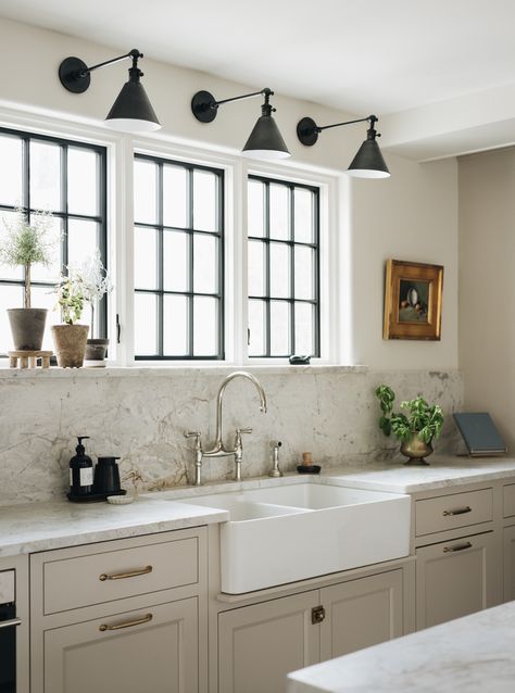 Floral Ave — Jean Stoffer Design Window Above Kitchen Sink, Marble Slab Backsplash, Ivory Kitchen Cabinets, Dark Stained Wood Floors, White Farm Sink, Slab Backsplash, Jean Stoffer Design, Above Kitchen Sink, Ivory Kitchen